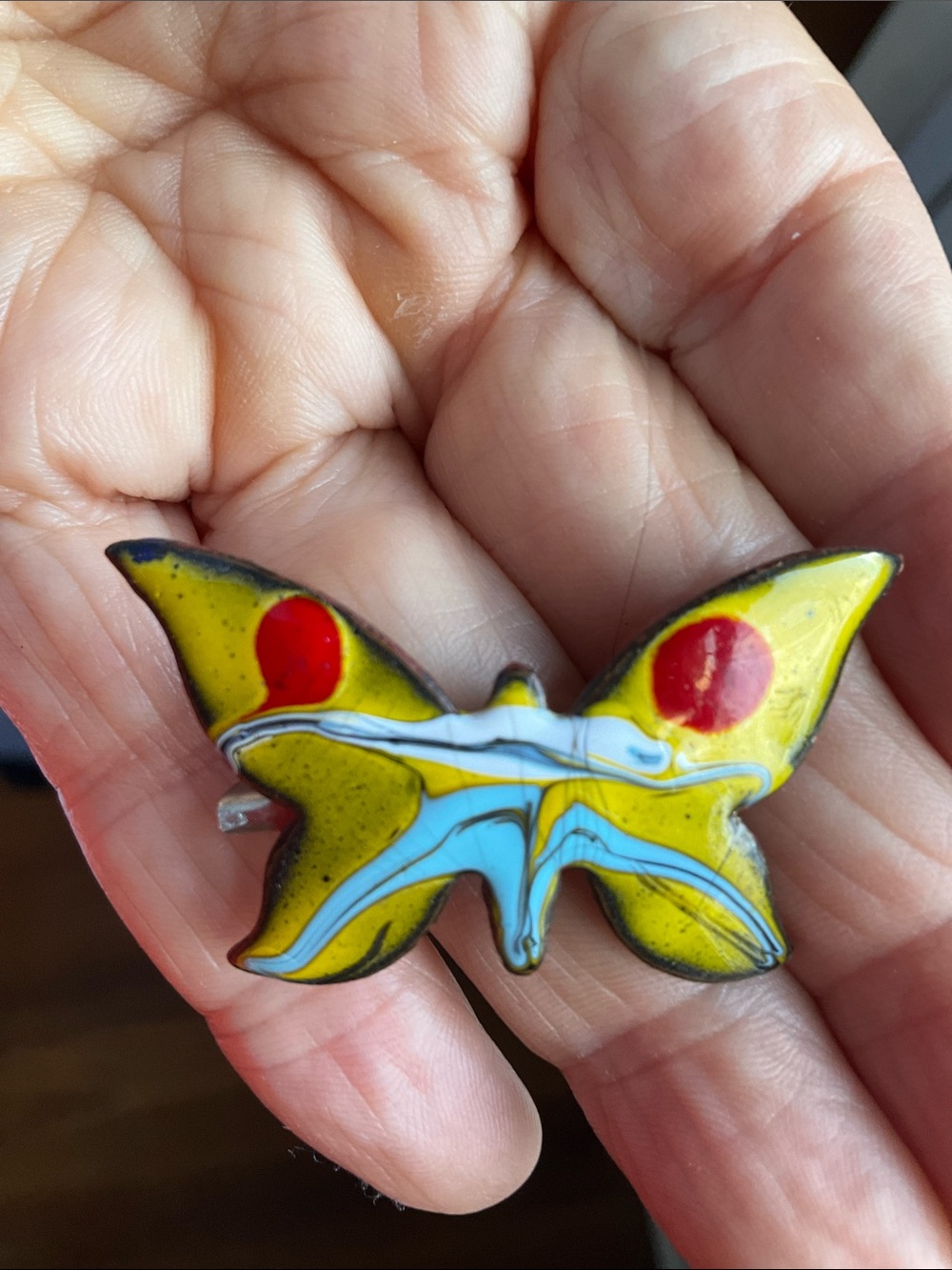 Vintage enamel mid century copper butterfly brooch